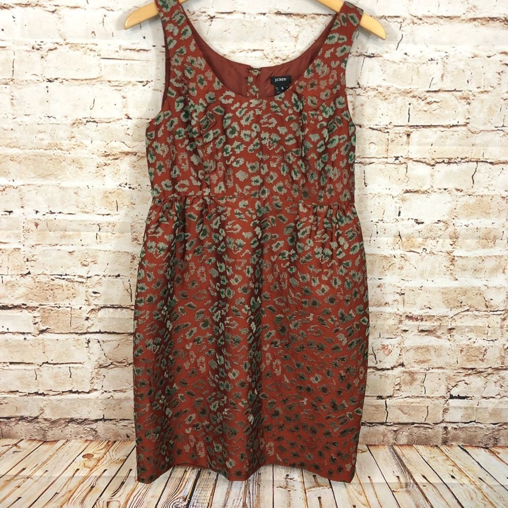 J Crew leopard jacquard dress 8 rust gray cocktail